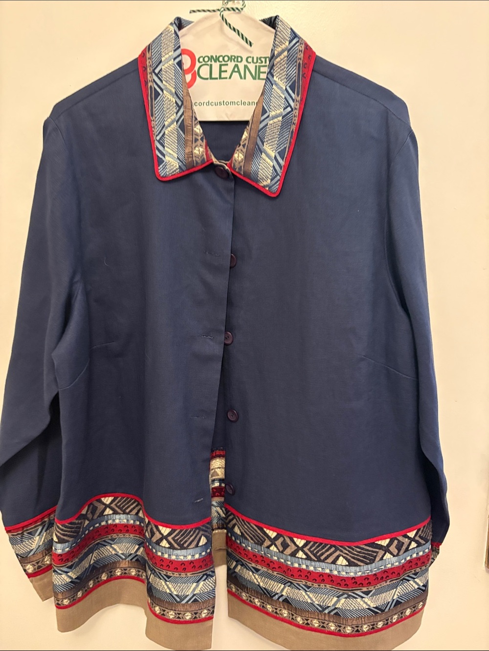 Coldwater Creek Navy Button-Front Shirt with Patterned Trim